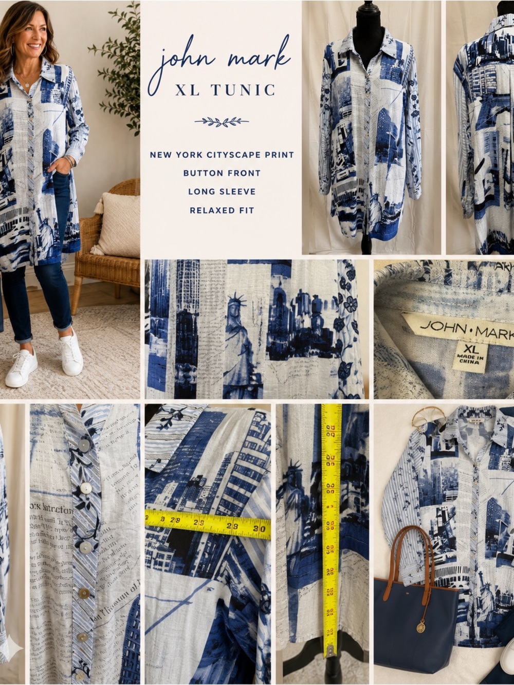 John Mark XL New York Cityscape Button Front Tunic Blue White Artsy